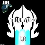 Sans and blaster and soul | LIFE; THE UNIVERSE; ME | image tagged in sans and blaster and soul | made w/ Imgflip meme maker