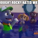 PAW Patrol, Oh Yeah | I THOUGHT ROCKY HATED WATER | image tagged in paw patrol oh yeah | made w/ Imgflip meme maker