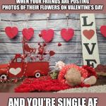 Valentine’s Day fail | WHEN YOUR FRIENDS ARE POSTING PHOTOS OF THEIR FLOWERS ON VALENTINE’S DAY; AND YOU’RE SINGLE AF | image tagged in valentines day fail | made w/ Imgflip meme maker