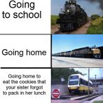 Expanding Brain 3 | Going to school; Going home; Going home to eat the cookies that your sister forgot to pack in her lunch | image tagged in expanding brain 3 | made w/ Imgflip meme maker