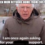 bernie sanders financial support | WHEN MOM RETURNS HOME FROM COSTCO | image tagged in bernie sanders financial support | made w/ Imgflip meme maker