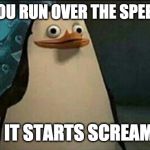 Confused Private Penguin | WHEN YOU RUN OVER THE SPEED BUMP; AND IT STARTS SCREAMING | image tagged in confused private penguin | made w/ Imgflip meme maker