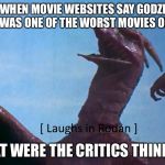Laughs In Rodan | ME WHEN MOVIE WEBSITES SAY GODZILLA KOTM WAS ONE OF THE WORST MOVIES OF 2019; WHAT WERE THE CRITICS THINKIN’? | image tagged in laughs in rodan | made w/ Imgflip meme maker