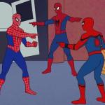 3 spidermans pointing at each other meme
