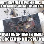 Broken iPhone | I ASK MY SON TO GIVE ME THE PHONEBOOK... HE LAUGHED AT ME, CALLED ME A DINOSAUR AND HANDED ME HIS IPHONE.. SO NOW THE SPIDER IS DEAD, HIS IPHONE IS BROKEN AND HE'S MAD AT ME...🤷‍♀️ | image tagged in broken iphone | made w/ Imgflip meme maker