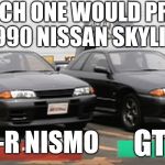 Pick 1990 Nissan Skyline R32 | WHICH ONE WOULD PREFER WITH 1990 NISSAN SKYLINE R32? GT-R NISMO; GT-R | image tagged in 1990 nissan skyline r32 gtr nismo vs regular gtr,nissan,skyline,japan,meme,car | made w/ Imgflip meme maker