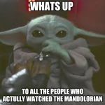 Baby yoda | WHATS UP; TO ALL THE PEOPLE WHO ACTULLY WATCHED THE MANDOLORIAN | image tagged in baby yoda | made w/ Imgflip meme maker