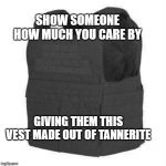 Bulletproof vest | SHOW SOMEONE HOW MUCH YOU CARE BY; GIVING THEM THIS VEST MADE OUT OF TANNERITE | image tagged in bulletproof vest | made w/ Imgflip meme maker