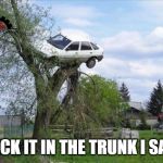 One for the Americans. | STICK IT IN THE TRUNK I SAID. | image tagged in car tree fail,trunk,bad parking,bad drivers,tree,boot | made w/ Imgflip meme maker