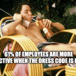 Ferris Bueller relaxing | 61% OF EMPLOYEES ARE MORE PRODUCTIVE WHEN THE DRESS CODE IS RELAXED | image tagged in ferris bueller relaxing | made w/ Imgflip meme maker