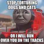 Thomas | STOP TORTURING DOGS AND CATS; OR I WILL RUN OVER YOU ON THE TRACKS | image tagged in thomas | made w/ Imgflip meme maker