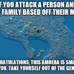 Amoeba | IF YOU ATTACK A PERSON AND THEIR FAMILY BASED OFF THEIR MEMES; CONGRATULATIONS, THIS AMOEBA IS SMARTER THAN YOU. TAKE YOURSELF OUT OF THE GENE POOL | image tagged in amoeba | made w/ Imgflip meme maker