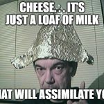 Borg Cheese | CHEESE. . . IT'S JUST A LOAF OF MILK; THAT WILL ASSIMILATE YOU | image tagged in tin foil hat,borg,cheese | made w/ Imgflip meme maker