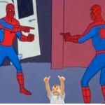 Spidermans pointing and an exited kid