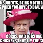 Mother Hen - God Save our Gracious Queen | DEAR SUBJECTS, BEING MOTHER HEN SUCKS WHEN YOU HAVE TO DEAL WITH..... COCKS, BAD EGGS AND CHICKENS THAT FLY THE COOP | image tagged in the queen is not happy,prince harry,meghan markle,prince william,prince charles,prince andrew | made w/ Imgflip meme maker