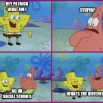 :) | STUPID? HEY PATRICK WHAT AM I; NO IM SOCIAL STUDIES; WHATS THE DIFFERENCE | image tagged in texas spongebob | made w/ Imgflip meme maker
