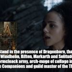missandei introduces daenerys | You stand in the presence of Dragonborn, thane of Whiterun, Windhelm, Riften, Markarth and Solitude, the high officer of Stormcloack army, arch-mage of collage in Winterhold, leader of the Companions and guild master of the Thieves Guild. | image tagged in missandei introduces daenerys,dragonborn,game of thrones,skyrim meme | made w/ Imgflip meme maker