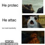 He protec he attac but most importantly | THEY'RE A SNAC FOR CHEWBAC | image tagged in he protec he attac but most importantly | made w/ Imgflip meme maker