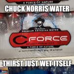Chuck Norris Water | CHUCK NORRIS WATER; THIRST JUST WET ITSELF | image tagged in chuck norris water,chuck norris,chuck norris approves,awesome pun chuck norris,chuck norris laughing,chuck norris fact | made w/ Imgflip meme maker