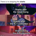There Is No Stopping The X | sharks; Sharks after the Great Dying; Sharks after the K-T extinction; Sharks during the Anthropocene | image tagged in there is no stopping the x | made w/ Imgflip meme maker
