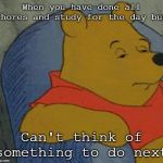 Winnie the Pooh  | When you have done all chores and study for the day but; Can't think of something to do next | image tagged in winnie the pooh,memes,bored | made w/ Imgflip meme maker