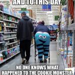 People of Walmart - Cookie Monster | AND TO THIS DAY, NO ONE KNOWS WHAT HAPPENED TO THE COOKIE MONSTER. | image tagged in people of walmart - cookie monster | made w/ Imgflip meme maker