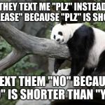 lazy panda | THEY TEXT ME "PLZ" INSTEAD OF "PLEASE" BECAUSE "PLZ" IS SHORTER; I TEXT THEM "NO" BECAUSE "NO" IS SHORTER THAN "YES" | image tagged in lazy panda | made w/ Imgflip meme maker