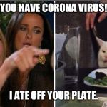 Screaming woman/cat | YOU HAVE CORONA VIRUS! I ATE OFF YOUR PLATE. | image tagged in screaming woman/cat | made w/ Imgflip meme maker