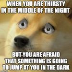 So scare | WHEN YOU ARE THIRSTY IN THE MIDDLE OF THE NIGHT; BUT YOU ARE AFRAID THAT SOMETHING IS GOING TO JUMP AT YOU IN THE DARK | image tagged in so scare | made w/ Imgflip meme maker