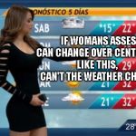 Mexican Weather Girl | IF WOMANS ASSES CAN CHANGE OVER CENTURIES LIKE THIS, 
     CAN'T THE WEATHER CHANGE ? | image tagged in mexican weather girl | made w/ Imgflip meme maker