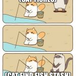 Annoyed Fishing Cat | (CAT FISHES); (CAT FIND FISH STASH) | image tagged in annoyed fishing cat | made w/ Imgflip meme maker