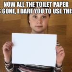 Greta | NOW ALL THE TOILET PAPER IS GONE, I DARE YOU TO USE THIS! | image tagged in greta | made w/ Imgflip meme maker