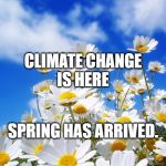 spring daisy flowers | CLIMATE CHANGE
IS HERE SPRING HAS ARRIVED. | image tagged in spring daisy flowers | made w/ Imgflip meme maker