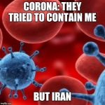 virus  | CORONA: THEY TRIED TO CONTAIN ME; BUT IRAN | image tagged in virus | made w/ Imgflip meme maker