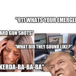 WOMAN CALLS 911 DISPATCHER | "911 WHATS YOUR EMERGENCY"; "I HEARD GUN SHOTS"; "WHAT DID THEY SOUND LIKE?"; "SKERDA-BA-BA-BA" | image tagged in woman calls 911 dispatcher | made w/ Imgflip meme maker
