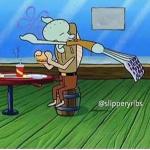 Squidward jumping on table