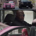 gay pesron in pink car looking at nick fury in serious car meme