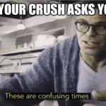 These are confusing times | WHEN YOUR CRUSH ASKS YOU OUT | image tagged in these are confusing times | made w/ Imgflip meme maker