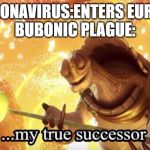 My true successor | CORONAVIRUS:ENTERS EUROPE
BUBONIC PLAGUE: | image tagged in my true successor | made w/ Imgflip meme maker