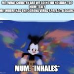 United States , Canada.. | ME: WHAT COUNTRY ARE WE GOING ON HOLIDAY TO?
MUM: ITALY
ME: WHERE HAS THE CORONA VIRUS SPREAD TO AGAIN? MUM: *INHALES* | image tagged in united states  canada | made w/ Imgflip meme maker