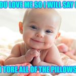 disaster baby | YOU LOVE ME SO I WILL SAY IT; I TORE ALL OF THE PILLOWS | image tagged in cute baby | made w/ Imgflip meme maker