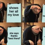 despicable me gru meme | send her cute images of hearts and gifs; shows her all my love; she says thanks "best friend"; thanks "best friend" | image tagged in despicable me gru meme | made w/ Imgflip meme maker