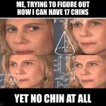 Woman math meme | ME, TRYING TO FIGURE OUT
HOW I CAN HAVE 17 CHINS; YET NO CHIN AT ALL | image tagged in woman math meme | made w/ Imgflip meme maker