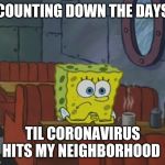 Sponge Bob Shop | COUNTING DOWN THE DAYS; TIL CORONAVIRUS HITS MY NEIGHBORHOOD | image tagged in sponge bob shop,coronavirus,health care,spongebob | made w/ Imgflip meme maker