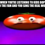 Cynical Tomato | WHEN YOU'RE LISTENING TO KIDS BOP WITH THE FAM AND YOU SING THE REAL WORDS | image tagged in cynical tomato | made w/ Imgflip meme maker