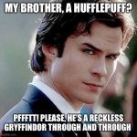 Damon Salvatore, a Hufflepuff? Yeah, right, and I’m Countess Bathory reborn! | MY BROTHER, A HUFFLEPUFF? PFFFTT! PLEASE, HE’S A RECKLESS GRYFFINDOR THROUGH AND THROUGH | image tagged in damon salvatore meme | made w/ Imgflip meme maker