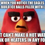 They can build machines but can’t figure out how to melt ice | WHEN YOU NOTICE THE EAGLES CAN BUILD ICE BALLS FILLED WITH LAVA; BUT CAN’T MAKE A HOT WATER TANK OR HEATERS IN ANY FORM | image tagged in angry birds | made w/ Imgflip meme maker