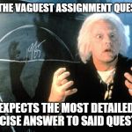Doc Brown Chalkboard | GIVES THE VAGUEST ASSIGNMENT QUESTIONS; EXPECTS THE MOST DETAILED & CONCISE ANSWER TO SAID QUESTIONS. | image tagged in doc brown chalkboard | made w/ Imgflip meme maker