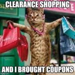 Cat shopping | CLEARANCE SHOPPING; AND I BROUGHT COUPONS | image tagged in cat shopping | made w/ Imgflip meme maker
