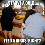 fat people at buffet | STARVE A COLD... FEED A VIRUS, RIGHT? | image tagged in fat people at buffet | made w/ Imgflip meme maker